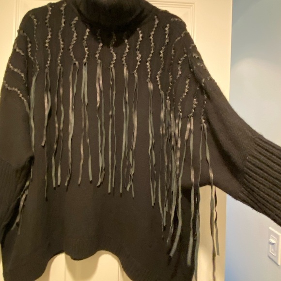 Malandrino Women’s Cashmere Leather Accented Black Turtleneck Sweater Oversized - Picture 15 of 16